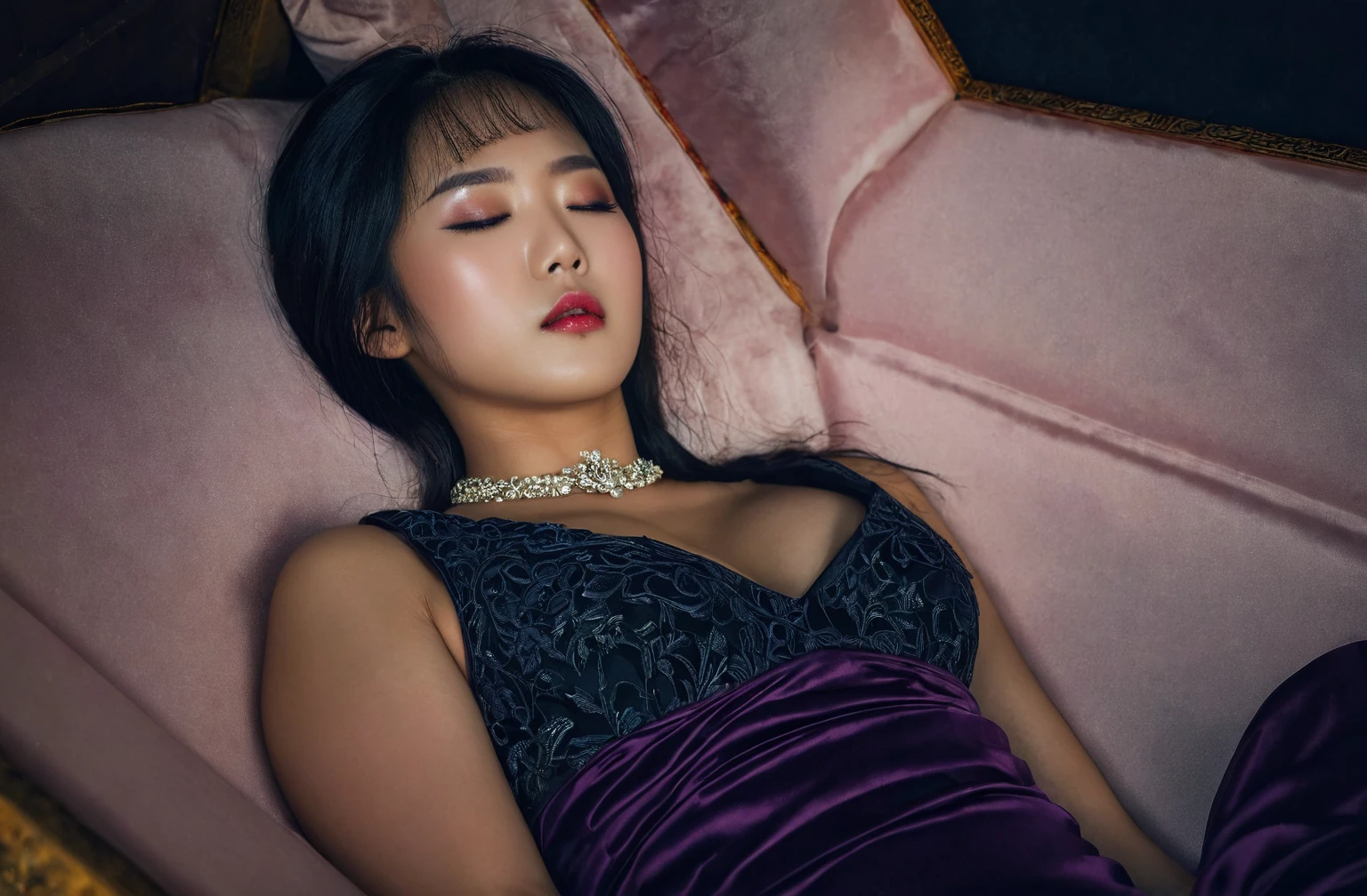 In a striking 8K HDR scene, a stunning Korean woman, 22 years old, lies peacefully in a black coffin surrounded by plush pillows. The deep box is set against a rich black background, accentuating the beauty of the subject. Her exquisite deep-V neckline kebaya attire is embroidered with superb detail, showcasing her round and firm breasts, perfect cleavage, and beautiful eyebrows. Her closed eyes and mouth give an air of serenity, while her visible and absolute cleavage leave nothing to imagination. The scene is bathed in saturated colors, highlighting every intricate aspect from the ball skirt to her clean face, straight body, detailed hand perfect hands, straight body, own hands together, own hand on stomach, detailed hands, perfect hands.