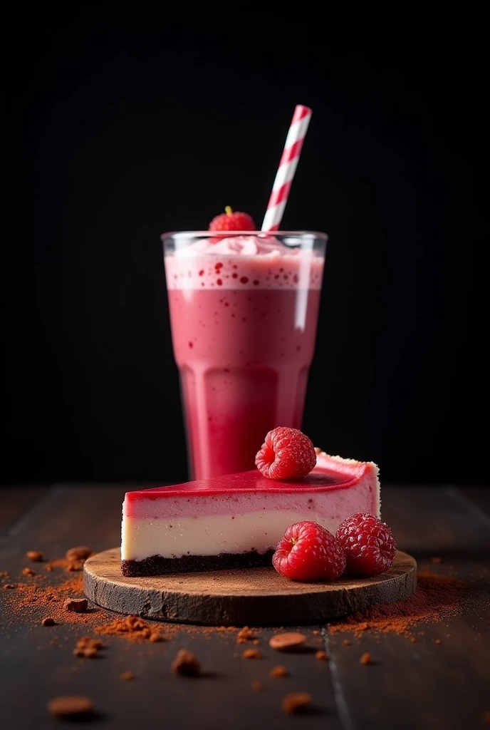 Generates an image of a red berry cheesecake, An Oreo frappe and black tea and coffee alone being the stars of the desserts. The background should be black and the colors warm