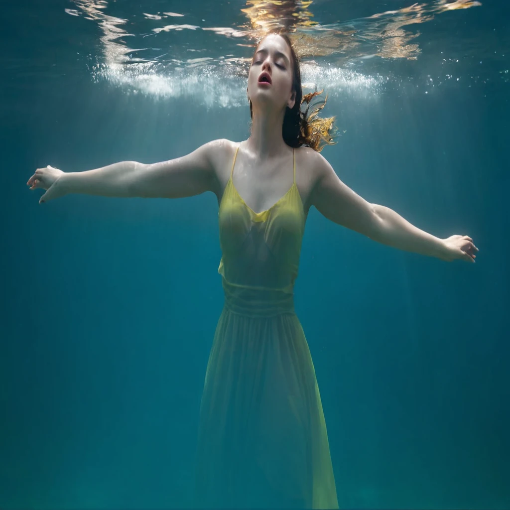 Woman wearing a yellow dress, submerging in the water with arms open, eyes and mouth closed and legs extended.