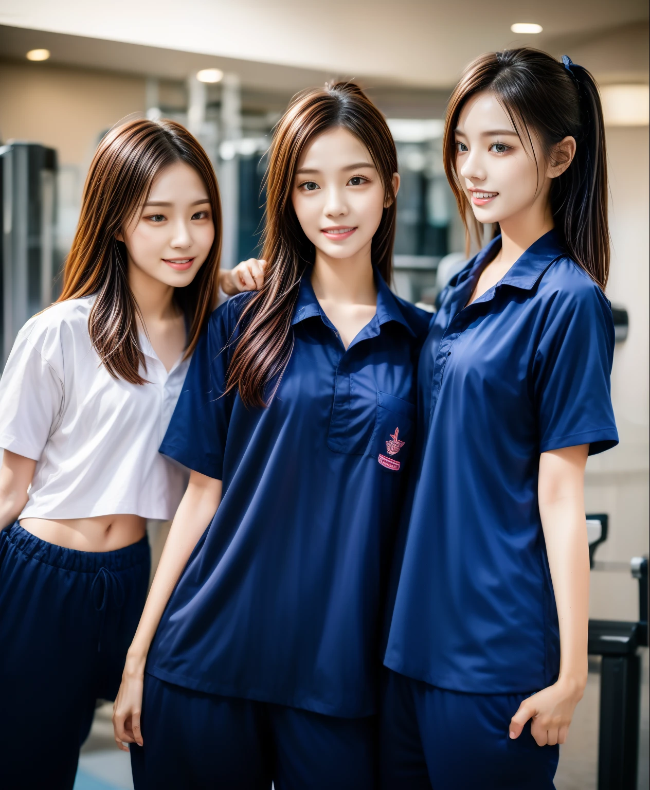 3 girls in fitness center, Navy blue short-sleeved shirt,Navy Long Trackpant,Sweatpants, Sweatpantsขายาว,25 year old girl, lesbian, sexy, exercise clothes, wet body, exercise clothes