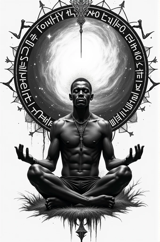 An art for tattooing, in black and white, with a man meditating, in the background a galaxy with elements and runes creating a circle around it