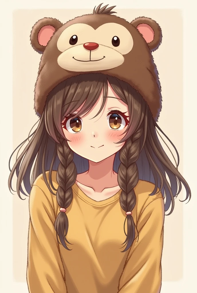 Cute illustration of a pretty teenager with brown hair and a monkey hat