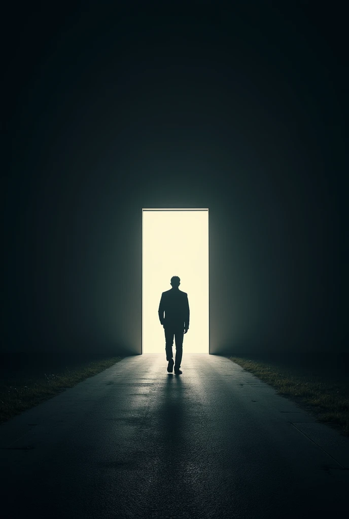 A man walking in a dark road with a bright door in front of him