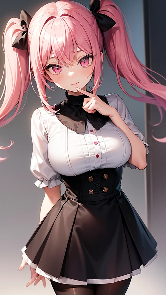 (Highest quality,High resolution,Very detailed,girl)black tights,Pink Hair,Twin tails and short hair,Height: 160cm,cute,Big Breasts,Pink Eyes,Wearing a black skirt,Her eyes are white and shining,Has bright white eyes,Has a shy look,I'm pulling up my skirt