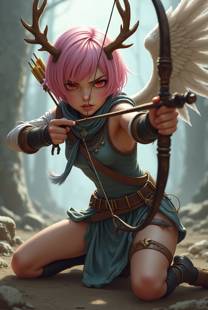 ((Best Quality)), ((masterpiece)), (detailed), (original), (realist), Girl, (Masterpiece of art), (ultra quality), Girl cabello cortito, young, fury face, linda, beauty, flat nose, parts, introvert, beautiful, short hair, pink locks, cyan sapphire pendant, whole body, defensive pose, semi on knees, elegance, fire red eyes, survivor, costume with wings, Long pants, leather slippers, socks, elk antlers, Bow and arrows, attacking, Attack position, apocalyptic costume, zodiac, braided threads,