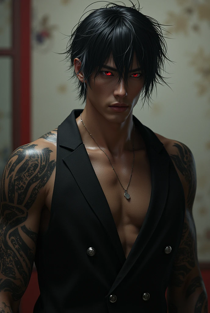 A man with short black hair with white highlights, 1,85 tall, Eyes red, Yakuza style clothing, a snake tattoo on the left arm that goes down to the collarbone, full length sleeve style