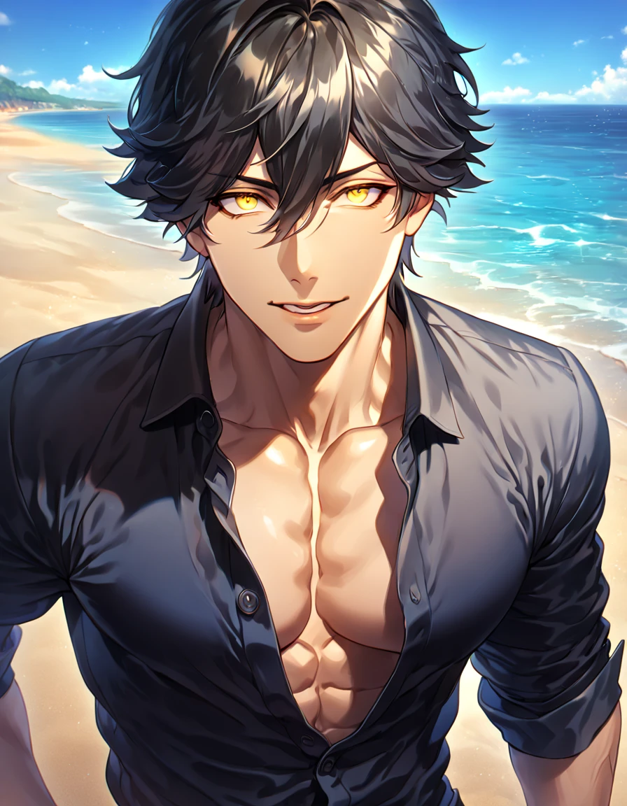 absurdres, highres, ultra detailed, HDR, master piece, best quality, detailed eyes, extremely detailed, delicated features, Ozymandias, black hair, expressive yellow eyes, Fate Grand Order, solo, sexy man, handsome, manly man, sensual, black shirt, unbuttoned shirt, fantasy, sea, beach, blue sky