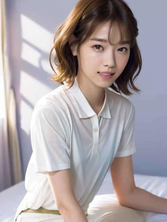 Masterpiece, Best quality, 8K:1.3), (Ultra realistic, Photo-realistic:1.2), (From above:1.3), From side, (Crawling position:1.1), (Seductive pose:1.1), Natural light, 28 years old actress, Japanese women, Neat and clean, (Wearing white tennis uniform, White short-sleeve polo shirt:1.3), (unbutton polo shirt:1.3), (White tennis mini skirt:1.3), White sock, (Beautiful thighs:1.1), (ponytail:1.1), (Short wavy hair:1.2), Light brown hair color, (Beautiful Face), Oval face, clear, Beautiful eyes, Kind eyes, Bedroom eyes, (Clear skin), Natural makeup, Small face, Small mouth, Beautiful mouth, Approachable, Hotel Suite room, On bed, Seductive smile, Shy,