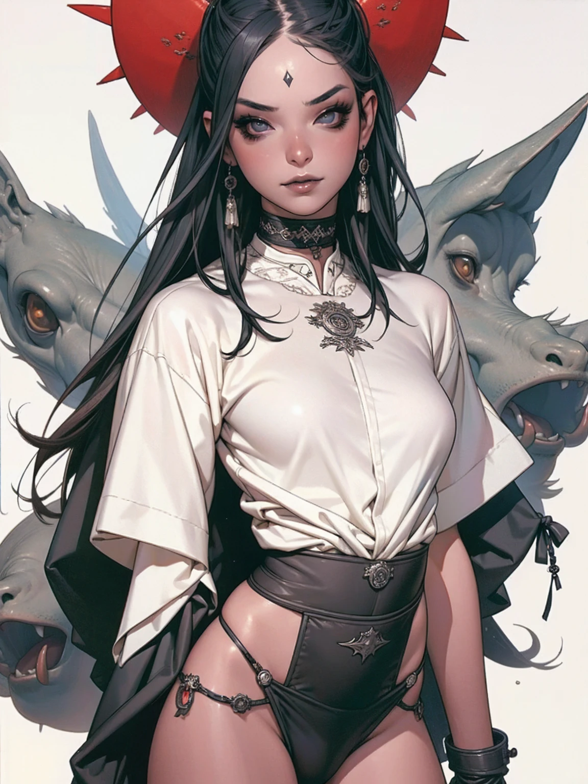 (((best qualityer))), (((manga strokes))), goth girl with very heavy makeup, straight black hair covering one eye, very white skin, black tee, look heavy metal fã, bracelets with small spikes, choker, ripped pants and/or beaten, black lipstick, gloves with fingers exposed, dark eye shadow, piercings na orelha, the way you want, grumpy, ((cowboy shot))