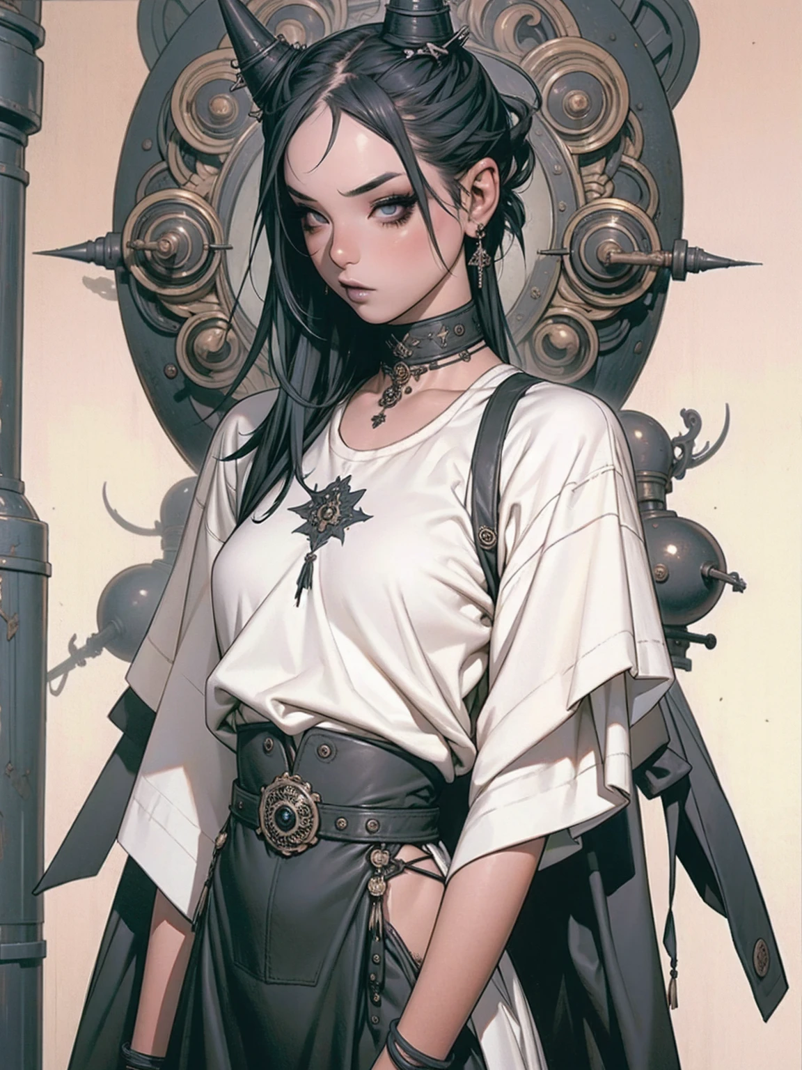 (((best qualityer))), (((manga strokes))), goth girl with very heavy makeup, straight black hair covering one eye, very white skin, black tee, look heavy metal fã, bracelets with small spikes, choker, ripped pants and/or beaten, black lipstick, gloves with fingers exposed, dark eye shadow, piercings na orelha, the way you want, grumpy, ((cowboy shot))
