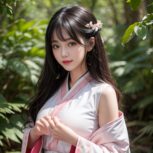 best quality, Delicate face,beautiful visual work, lifelike, eternity, black hair, Long curly hair, blunt bangs, Smile, Detailed Background, Delicate face,blush,cold,((masterpiece))、(top quality)、8k、high detail、Super detailed,31-year-old female,身穿唐制Hanfu、waist skirt, Clothes are light and fluffy,Hanfu, wide sleeves, Transparent sleeves, Tunic, Clothes made of chiffon, masterpiece、born、Scenes resembling fairy tale illustrations、intricate details和複雜的設計、Beautifully、magic、capricious、 Beautifully、Dream aesthetics、「𝓡𝓸𝓶𝓪𝓷𝓽𝓲𝓬、ethereal、charming、fickle、magic」、realism、Visual effects、FXAA、SSAO、Shader、voiceless、ambient lighting、Tone mapping、High resolution、Ultra high quality、Million pixels、(8K resolution:1.10)、8k、8k以下、8K resolution、high detail、intricate details, (high quality:1.2、masterpiece:1.2、:1.21)、(31-year-old female:1.21)、(興奮地Smile)、(被dream般的氛圍所包圍、Model diagram,full-body shot,Normal 2 feet,Put your hands behind you,The protrusion of the breast is visible when wearing clothes, Large Breasts, H cup chest, antiquity, Xian Xia, gauze clothes, Soft and fluttering, Fairy, dream, fantasy, light, Elegant, nature, Immortal, romantic, classical, ribbon, pink clothes, in tall woods, In the woods like a martial arts drama, Don't show your fingers, full-body shot,floor length skirt