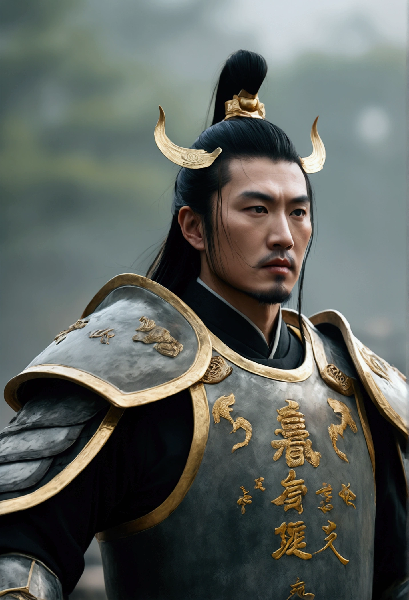 Bust of an ancient Chinese general on the battlefield,The armor is broken, Starry sky and fog cover the landscape.Rich historical background. (Highest quality,4K,8k,High resolution,masterpiece:1.2), Very detailed, (Realistic,Realistic,Photorealistic:1.37), High resolution, Hyper HD, Studio Lighting, Ultra-fine painting, Sharp focus, Physically Based Rendering, Very detailed説明, Professional, Vibrant colors, Bokeh, Sports Late, Ancient War Landscapes, Traditional Chinese Painting Techniques, Atmospheric lighting, Dynamic Pose, Complex combat scenarios, Vivid color contrast, Visually stunning composition, Ethereal atmosphere, heroism. Black and White