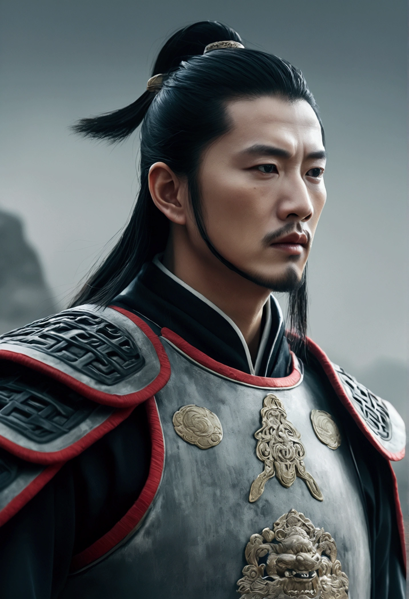 Bust of an ancient Chinese general on the battlefield,The armor is broken, Starry sky and fog cover the landscape.Rich historical background. (Highest quality,4K,8k,High resolution,masterpiece:1.2), Very detailed, (Realistic,Realistic,Photorealistic:1.37), High resolution, Hyper HD, Studio Lighting, Ultra-fine painting, Sharp focus, Physically Based Rendering, Very detailed説明, Professional, Vibrant colors, Bokeh, Sports Late, Ancient War Landscapes, Traditional Chinese Painting Techniques, Atmospheric lighting, Dynamic Pose, Complex combat scenarios, Vivid color contrast, Visually stunning composition, Ethereal atmosphere, heroism. Black and White