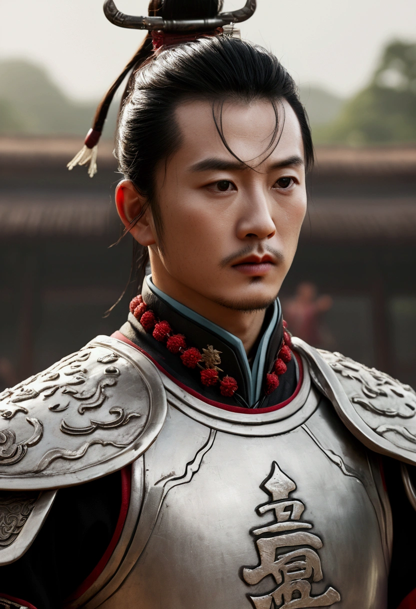 Bust of an ancient Chinese general on the battlefield,The armor is broken, Starry sky and fog cover the landscape.Rich historical background. (Highest quality,4K,8k,High resolution,masterpiece:1.2), Very detailed, (Realistic,Realistic,Photorealistic:1.37), High resolution, Hyper HD, Studio Lighting, Ultra-fine painting, Sharp focus, Physically Based Rendering, Very detailed説明, Professional, Vibrant colors, Bokeh, Sports Late, Ancient War Landscapes, Traditional Chinese Painting Techniques, Atmospheric lighting, Dynamic Pose, Complex combat scenarios, Vivid color contrast, Visually stunning composition, Ethereal atmosphere, heroism. Black and White