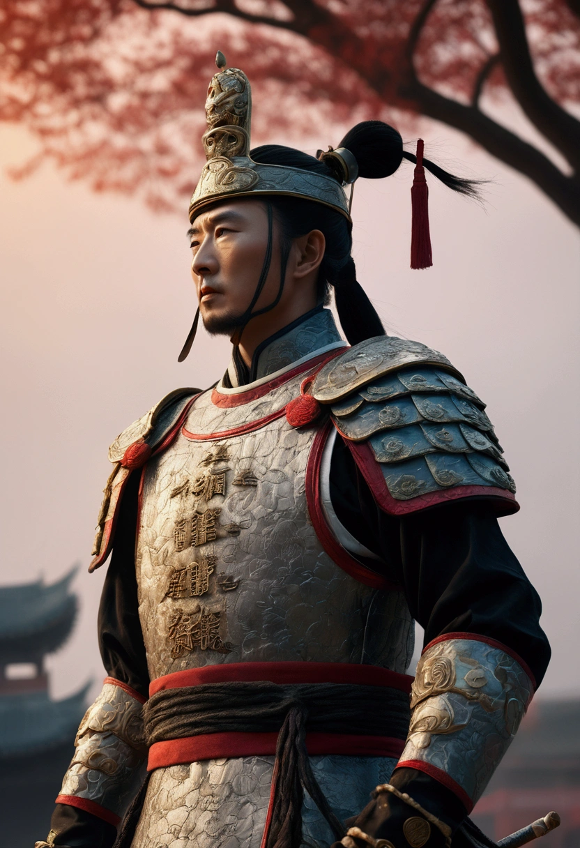 Bust of an ancient Chinese general on the battlefield，The armor is broken, Starry sky and fog cover the landscape.Rich historical background. (Highest quality,4K,8k,High resolution,masterpiece:1.2), Very detailed, (Realistic,Realistic,Photorealistic:1.37), High resolution, Hyper HD, Studio Lighting, Ultra-fine painting, Sharp focus, Physically Based Rendering, Very detailed説明, Professional, Vibrant colors, Bokeh, Sports Late, Ancient War Landscapes, Traditional Chinese Painting Techniques, Atmospheric lighting, Dynamic Pose, Complex combat scenarios, Vivid color contrast, Visually stunning composition, Ethereal atmosphere, heroism. Black and White