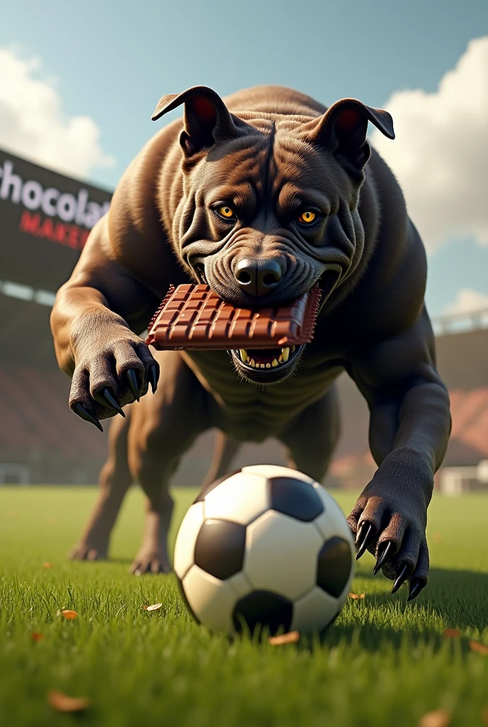 A fierce dog with his chocolate in his mouth playing soccer and with a sign that says chocolate makers