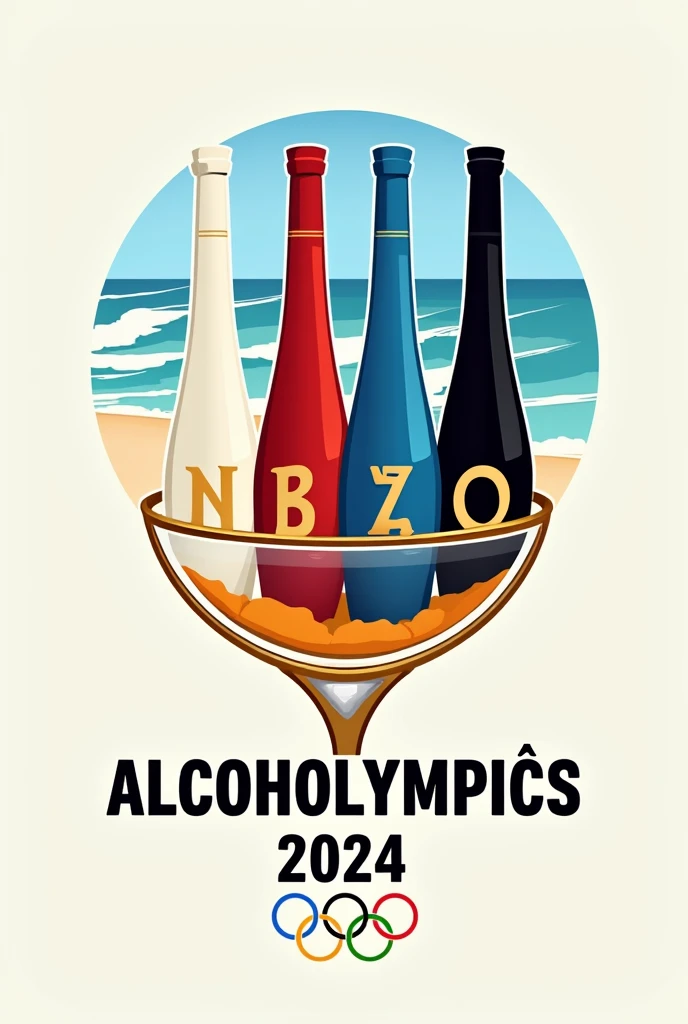 Make me a logo for a competition called “ALCOHOLYMPICS 2024”. Have the Alpha sign on a bottle of white alcohol, of beta in a red bottle, Omega in a black bottle and gamma in a blue bottle inside a gold glass, that the beach can be seen in the background and that it says ALCOHOLIMPIADAS 2024 below with the sign of the Olympic games