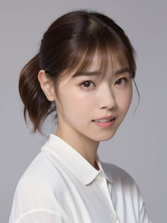 Masterpiece, Best quality, 8K:1.3), (Ultra realistic, Photo-realistic:1.2), (From above:1.3), From side, (Crawling position:1.1), (Seductive pose:1.1), Natural light, 28 years old actress, Japanese women, Neat and clean, (Wearing white tennis uniform, White short-sleeve polo shirt:1.3), (unbutton polo shirt:1.3), (White tennis mini skirt:1.3), White sock, (Beautiful thighs:1.1), (ponytail:1.1), (Short wavy hair:1.2), Light brown hair color, (Beautiful Face), Oval face, clear, Beautiful eyes, Kind eyes, Bedroom eyes, (Clear skin), Natural makeup, Small face, Small mouth, Beautiful mouth, Approachable, Hotel Suite room, On bed, Seductive smile, Shy,