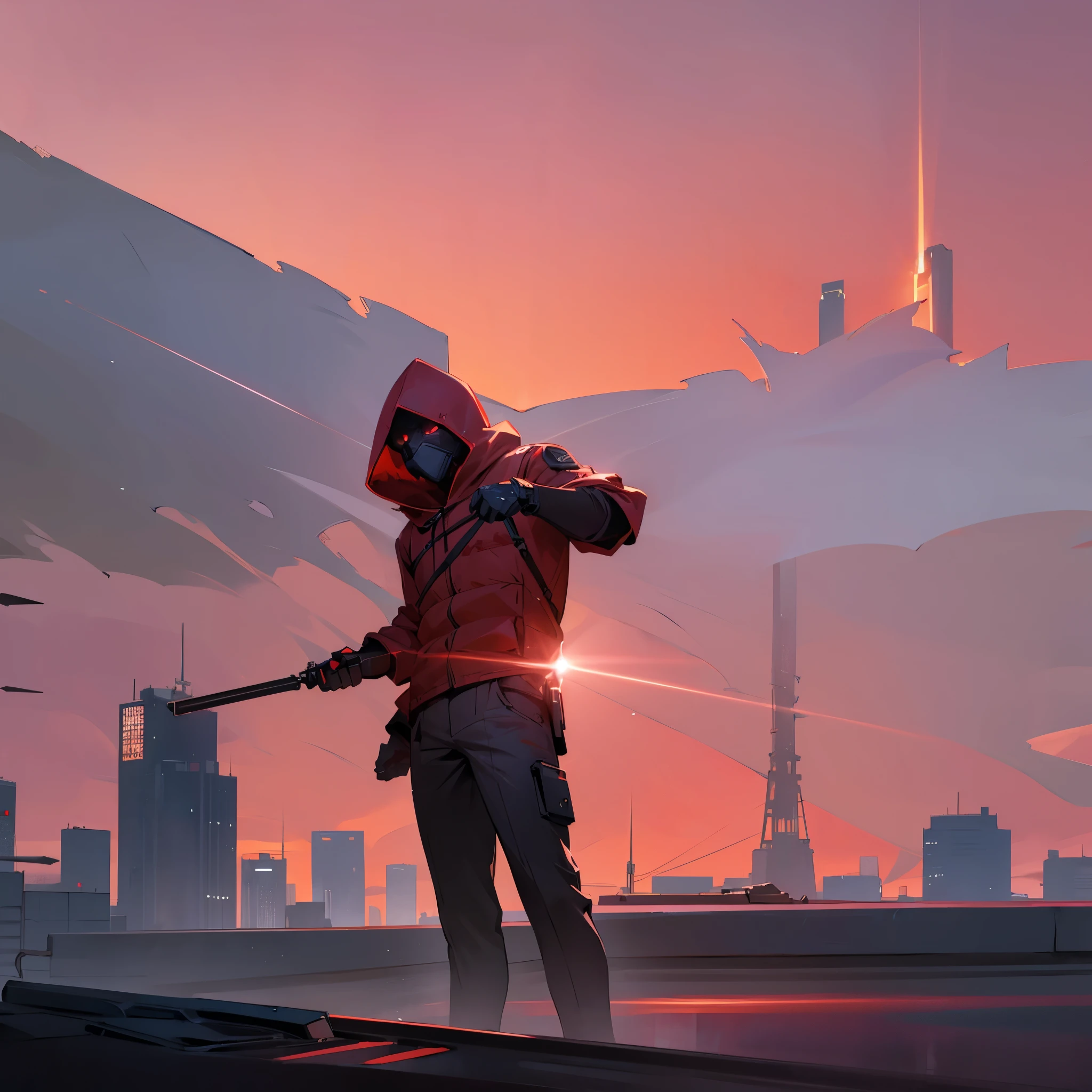 Faceless man, hooded, back stand up, red sky apocalypse, rooftop with an outdoor party, Spark, Counter-Daylight, Light Reflection, Apocalypse, Animated, Artistic, Unreal Engine,