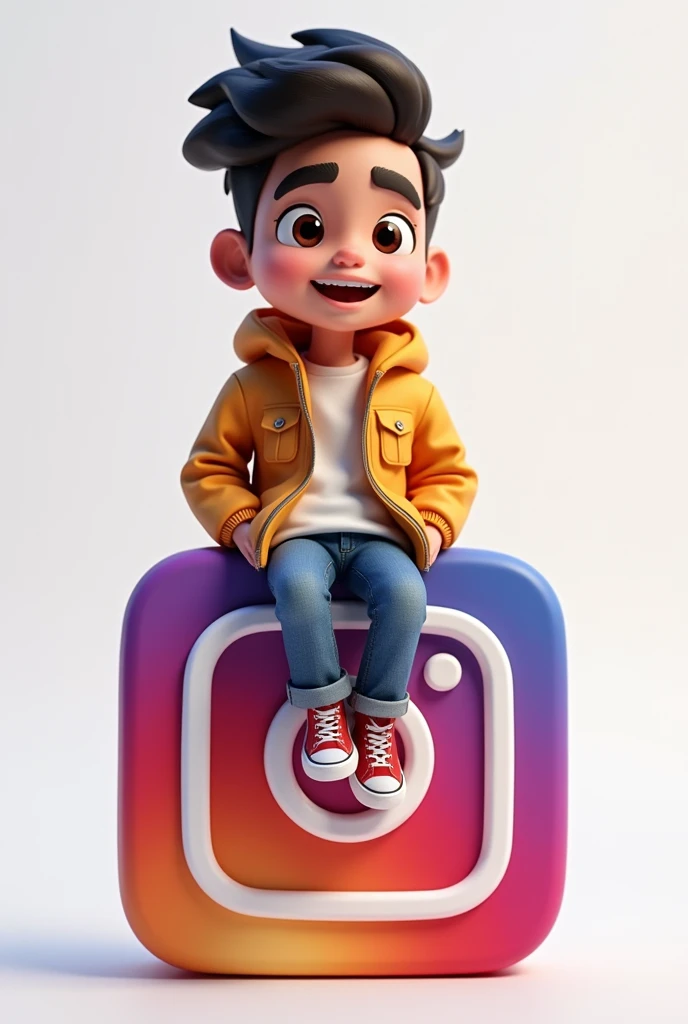 Creata a 3Dillustration of an animated character sitting casually on top of a social media logo``Instgram''the character must wear casul moder jacket andn clothing such as jeans sneakers shoes the background of image is a social media profile page with user name ''its__sammed__1217"and a profile picture that match