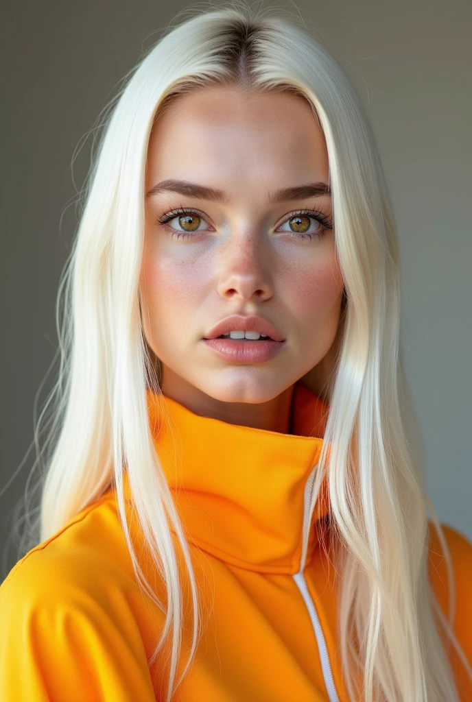 A beautiful model with very long straight snow-white hair, brown eyes, and flawless golden complexion. Her face is softly oval-shaped, exuding ethereal beauty. Her clothes are vibrant and brightly coloured.