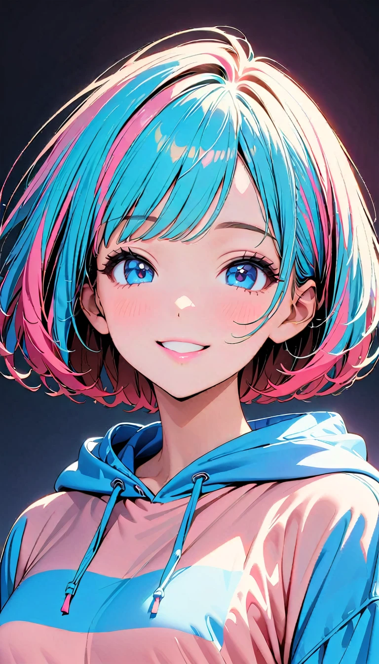 (Highest quality:1.2, City Pop Style, Very detailed, Latest, Vibrant, High Contrast, masterpiece:1.2,Best aesthetics), girl, ((Face Up Shot:1.4)), Colorful Hair, Bobcut, Wearing a hoodie, Lips pink, lip, smile, Eyes half closed smiling、pastel colour, 1980s style, ((Retro, Vintage, Plain background))