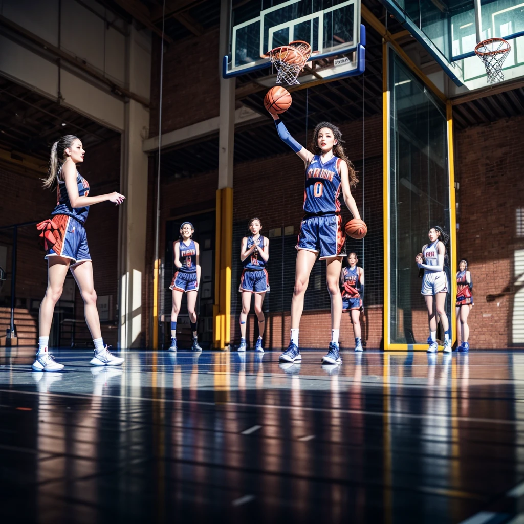 SFW, ExtremelyDetailed (((Basketball Team Girls in a row:1.4))), Childish perfect face, Reflective Eyes, Detailed(Delicate Clothing textures), Corrected Leg to Foot Line, Corrected Perfect Hand, Dynamic Joyful Expressions LifeLike Rendering, ((Specular Reflection:1.28)), mirrors, TopQuality 8K Ultra-detailed masterpiece (ProfessionalPhoto:1.37)(Acutance:0.8),(Luminism:1.22), exposed