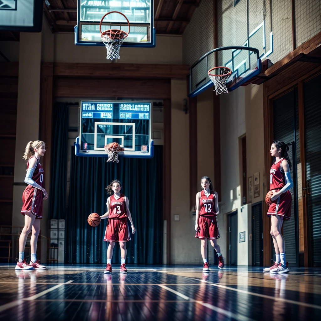SFW, ExtremelyDetailed (((Basketball Team Girls in a row:1.4))), Childish perfect face, Reflective Eyes, Detailed(Delicate Clothing textures), Corrected Leg to Foot Line, Corrected Perfect Hand, Dynamic Joyful Expressions LifeLike Rendering, ((Specular Reflection:1.28)), mirrors, TopQuality 8K Ultra-detailed masterpiece (ProfessionalPhoto:1.37)(Acutance:0.8),(Luminism:1.22), exposed