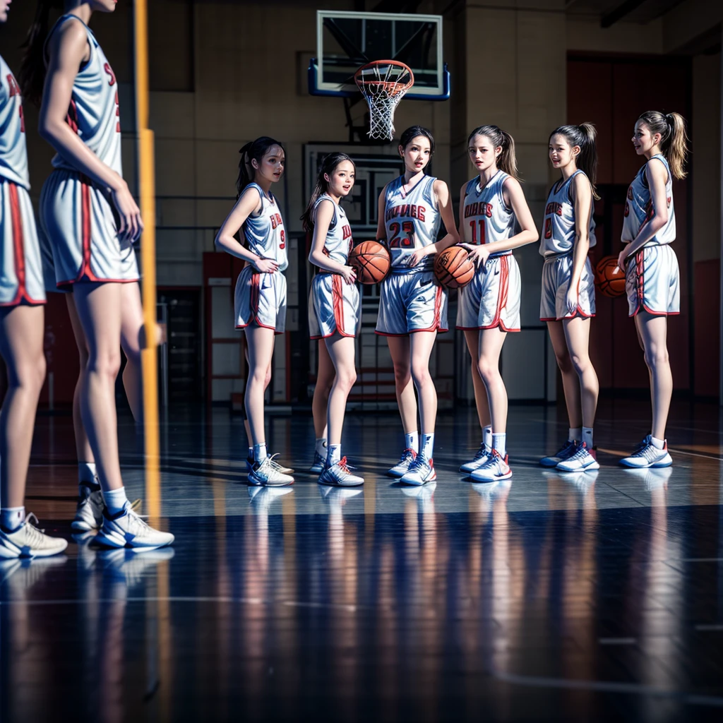 SFW, ExtremelyDetailed (((Basketball Team Girls in a row:1.4))), Childish perfect face, Reflective Eyes, Detailed(Delicate Clothing textures), Corrected Leg to Foot Line, Corrected Perfect Hand, Dynamic Joyful Expressions LifeLike Rendering, ((Specular Reflection:1.28)), mirrors, TopQuality 8K Ultra-detailed masterpiece (ProfessionalPhoto:1.37)(Acutance:0.8),(Luminism:1.22), exposed
