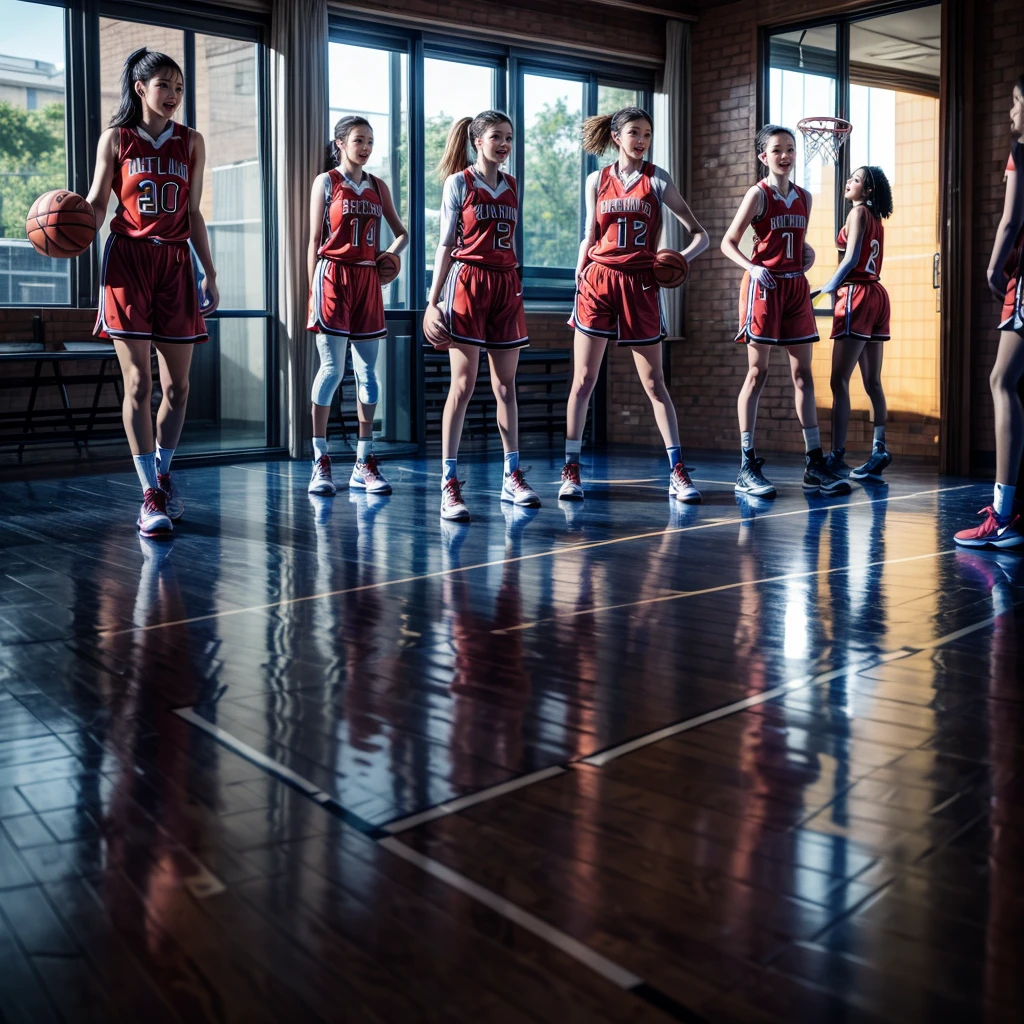 SFW,  ExtremelyDetailed (((Basketball Team Girls in a row:1.4))), Childish perfect face, Reflective Eyes, Detailed(Delicate Clothing textures), Corrected Leg to Foot Line, Corrected Perfect Hand, Dynamic Joyful Expressions LifeLike Rendering, ((Specular Reflection:1.28)), mirrors, TopQuality 8K Ultra-detailed masterpiece (ProfessionalPhoto:1.37)(Acutance:0.8),(Luminism:1.22), exposed 