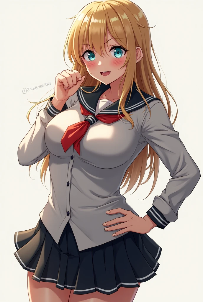Girl with big breasts, blonde with light blue eyes and a uniform with a short skirt. angry expression and blushing cheeks