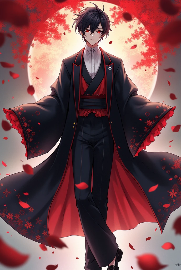 Kenja Ashura handsome, psychopathic, elegant boy with short black and white hair, kimono styles of Akutagawa and Chuya, red eyes with black shoes, cheerful and elegant personality and very good