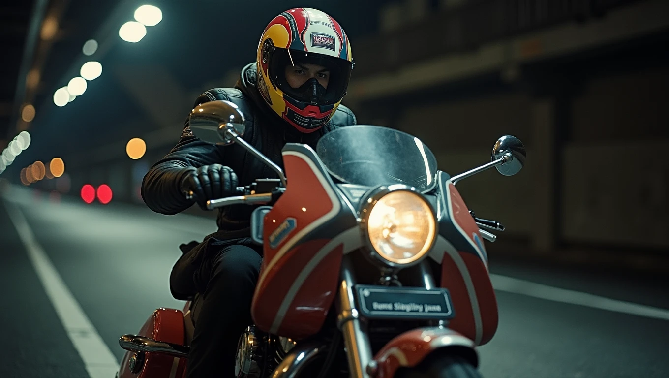 With the face of the image, make a motorcycle pilot suit bsilando
