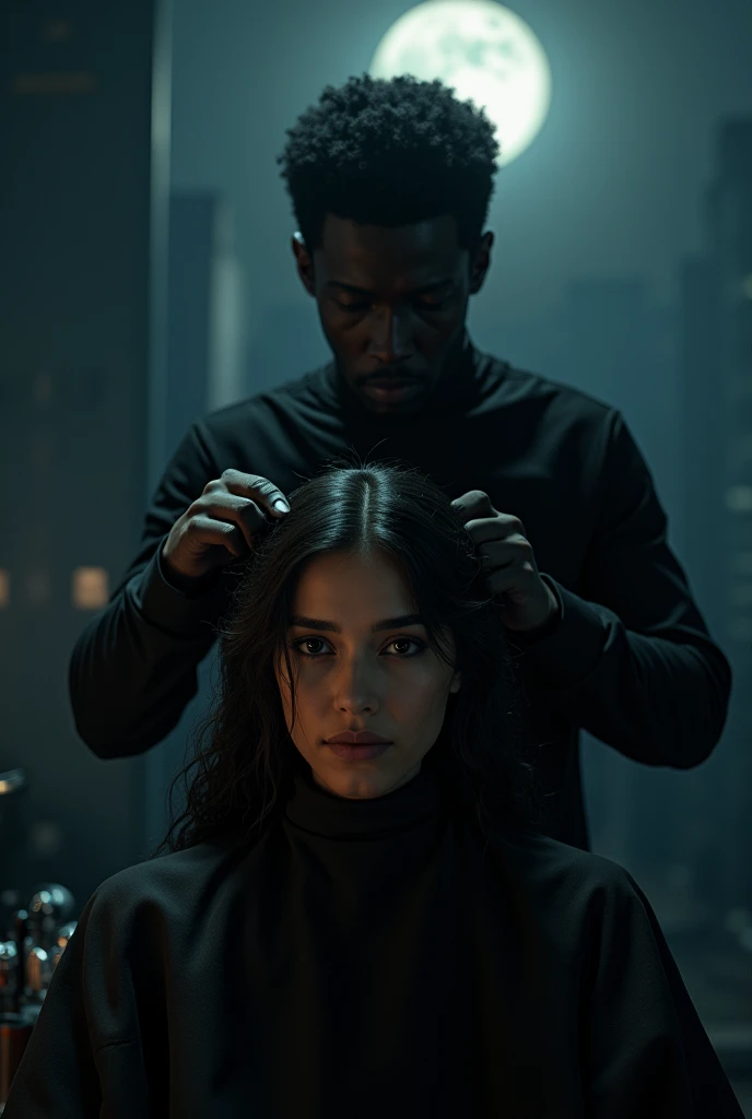A woman getting her hair cut and a dark man behind her on a dark night