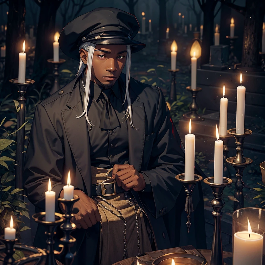 dark cemetery, black man hat candle in hand