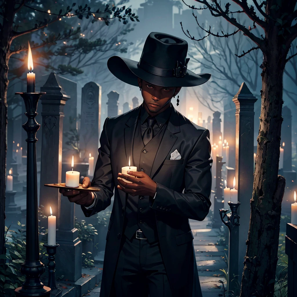 dark cemetery, black man hat candle in hand