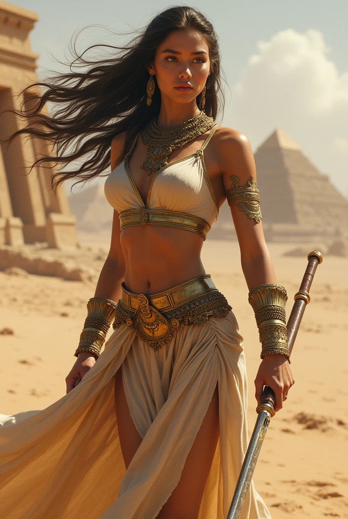 (masterpiece), full hd, best quality, 1 girl, solo, , beautiful, shapely, innocent, Pure, delicate, Proportional body, perfect body figure, cold face, long hair flying in the wind, epic, myth, Shine, brilliant, Photos with depth, wind, (masterpiece), full hd, best quality, expressive eyes, perfect face, 1 girl, solo, Portrait of an ancient female warrior wearing armor fighting fiercely in the desert, In the distance is an ancient temple, long legs, curvy, big breasts