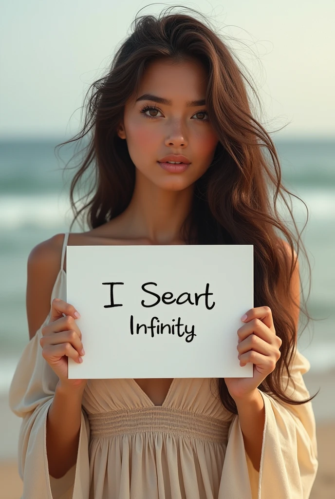 Beautiful girl with wavy long hair, bohemian dress, holding a white board with text "I Love Seaart Infinity" and showing it to the viewer