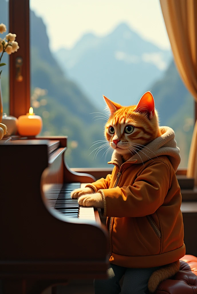 Orange male cat playing piano in front of a window that looks at the dreamy mountain,He is dressed in a warm jacket ,he is a pianist cat...