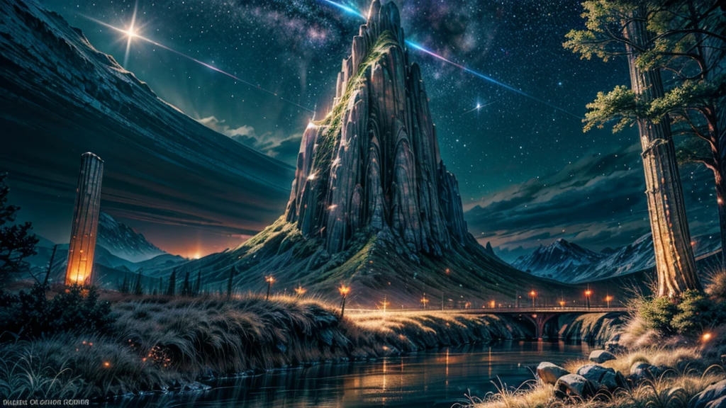 (Logo, Amazing, 8K, pool, Raw Photo, Amazing, Top Quality, Photorealistic and Highly Detailed, CG, High Quality, Highly Detailed, Narrative Verse, Particle Effects, Dynamic Effects, bright cinematic lights, flares, sparks, glowing, raytracing, tabletop, realistic, ultra HD, fantasy), the wind, the beauty and brilliance of tall dramatic mountains and forests, the serenity and beauty of the world's grasslands and vast forest lands, Lakeside, wonderful scenery, beautiful natural scenery, night, starry sky, nebula, constellation, full moon, space, gorgeous, view, water, constellation, wonder, fantastic, meteor, magic, best illumination, best shadow