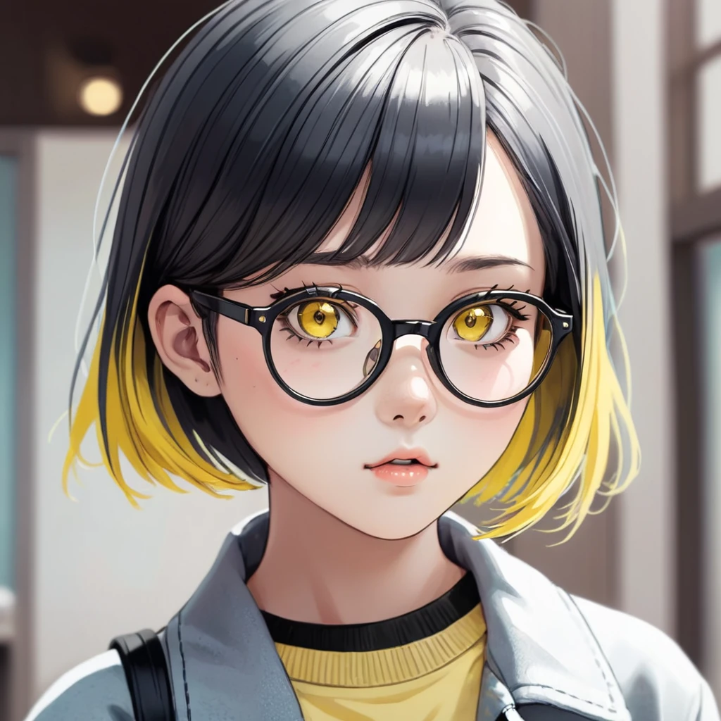 wartercolor, pastelcolor, Short hair. 1 girl. Asian girl. Black eyes. Glasses. Her hair is long with yellow and black highlights,wear glasses,black and yellow hair
