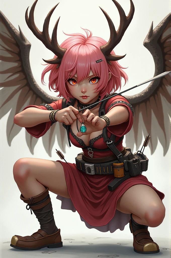 ((Best Quality)), ((masterpiece)), (detailed), (original), (realist), Girl, (Masterpiece of art), (ultra quality), Girl cabello cortito, young, fury face, linda, beauty, flat nose, parts, introvert, beautiful, short hair, pink locks, cyan sapphire pendant, whole body, defensive pose, semi on knees, elegance, fire red eyes, survivor, costume with wings, Long pants, leather slippers, socks, elk antlers, Bow and arrows, attacking, Attack position, apocalyptic costume, zodiac, braided threads,