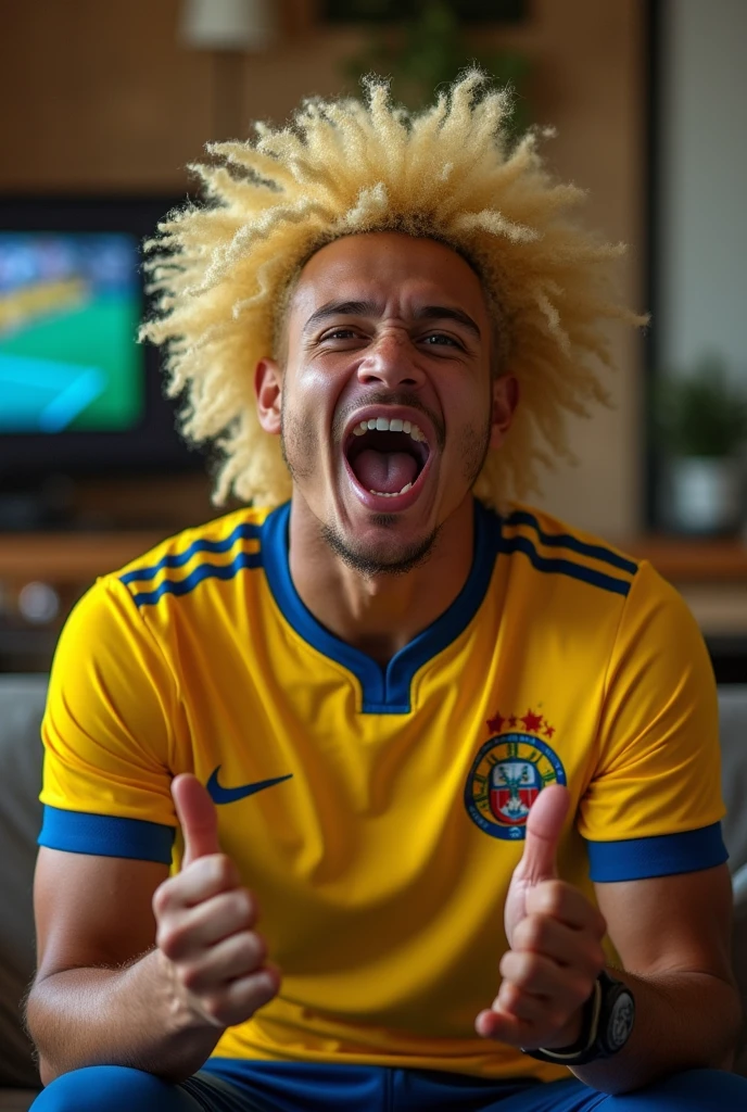 White-skinned player with super curly hairstyle and yellow hair wearing a Colombian soccer team shirt sitting on a sofa watching a Colombian game cheering