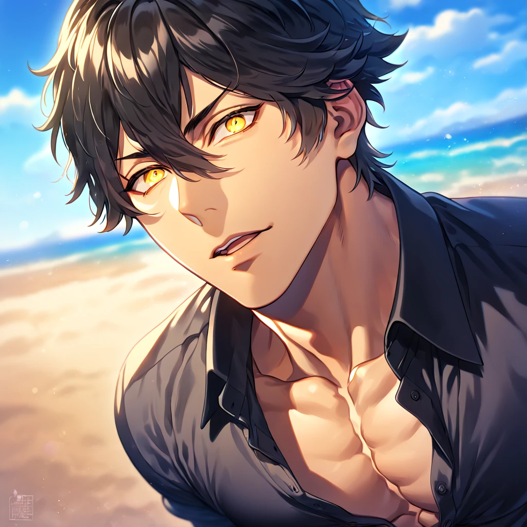 absurdres, highres, ultra detailed, HDR, master piece, best quality, detailed eyes, extremely detailed, delicated features, Ozymandias, black hair, expressive yellow eyes, Fate Grand Order, solo, sexy man, handsome, manly man, sensual, black shirt, unbuttoned shirt, fantasy, sea, beach, blue sky