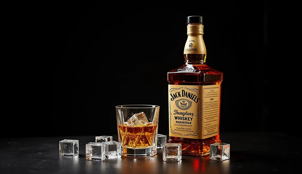 wiskey bottle jack daniels and glass with ice cubes with a black background