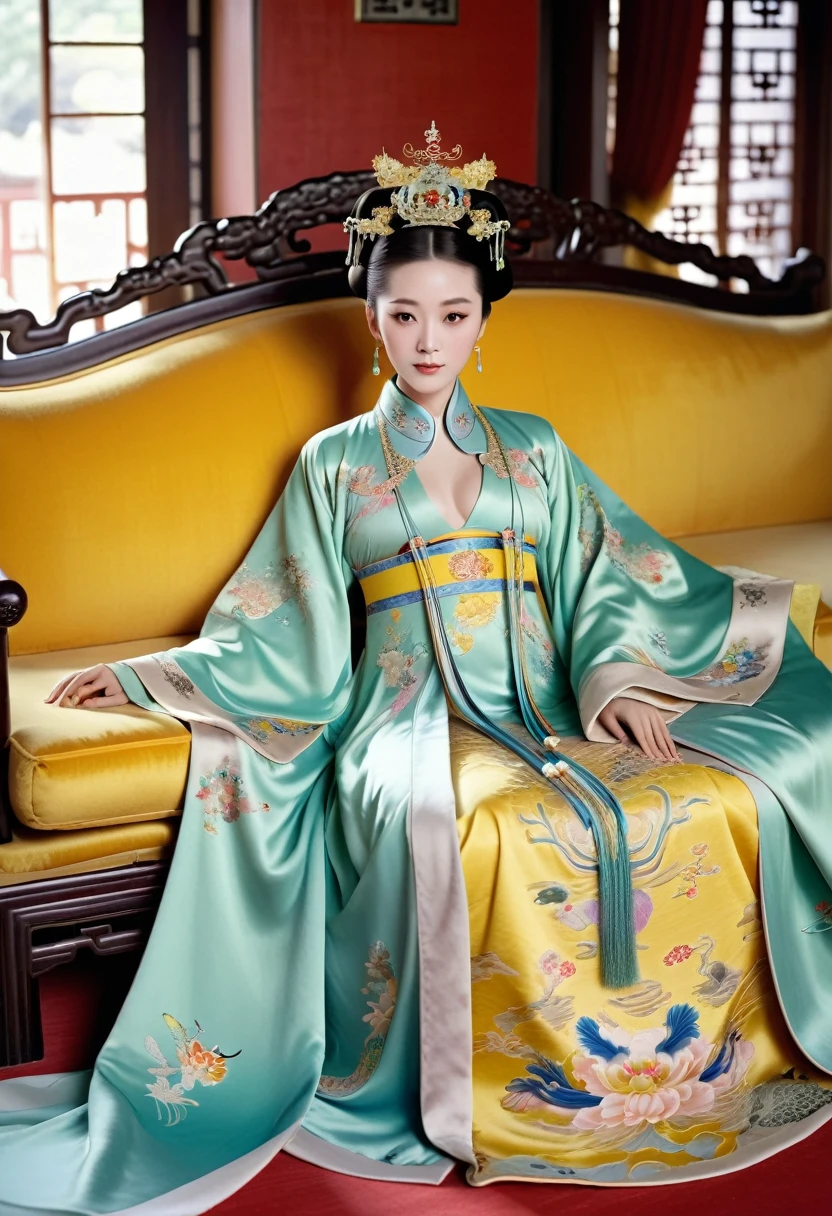 A gorgeous empress from the Chinese imperial court during the Qing Dynasty. A large yellow sofa with the empress naked and with her legs spread. A gorgeous empress from the Chinese imperial court with her hair tied on both sides. She is wearing a crown.、The background where she is tying her hair is、A luxurious palace for an empress in the Chinese imperial court during the Qing Dynasty