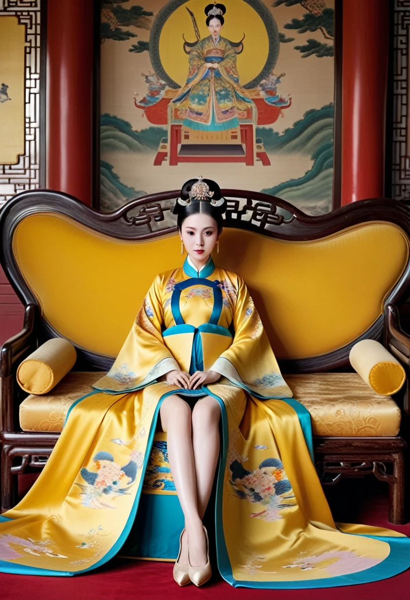 A gorgeous empress from the Chinese imperial court during the Qing Dynasty. A large yellow sofa with the empress ????? and with her legs spread. A gorgeous empress from the Chinese imperial court with her hair tied on both sides. She is wearing a crown.、The background where she is tying her hair is、A luxurious palace for an empress in the Chinese imperial court during the Qing Dynasty