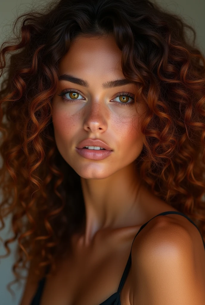 sexy brazilian girl+ brown and redhead+ curly hair 3A+ almond shaped brown eyes and upturned nose