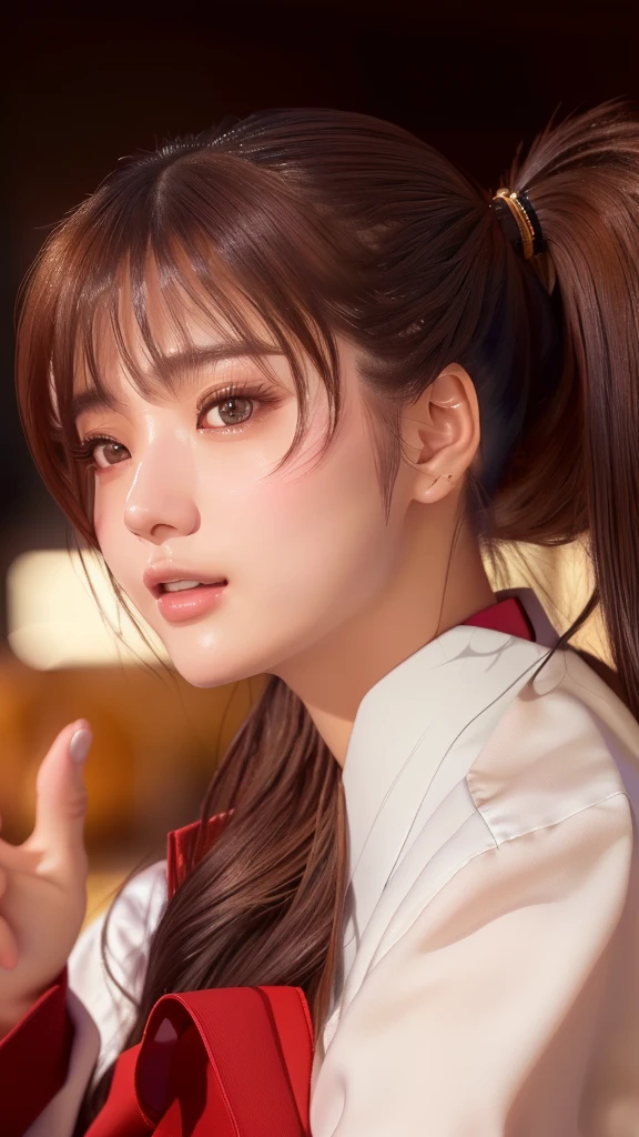 A woman with a ponytail is holding a mobile phone, sakimi chan, Larisa Manovar, Realistic anime 3 d style, sakimichan, Trending on cgstation, Shashi, Gweiz-style artwork, High-quality portraits, Realistic. Chen Yi, Realistic young anime girl, 8K Art Germany Bokeh, photoRealistic anime