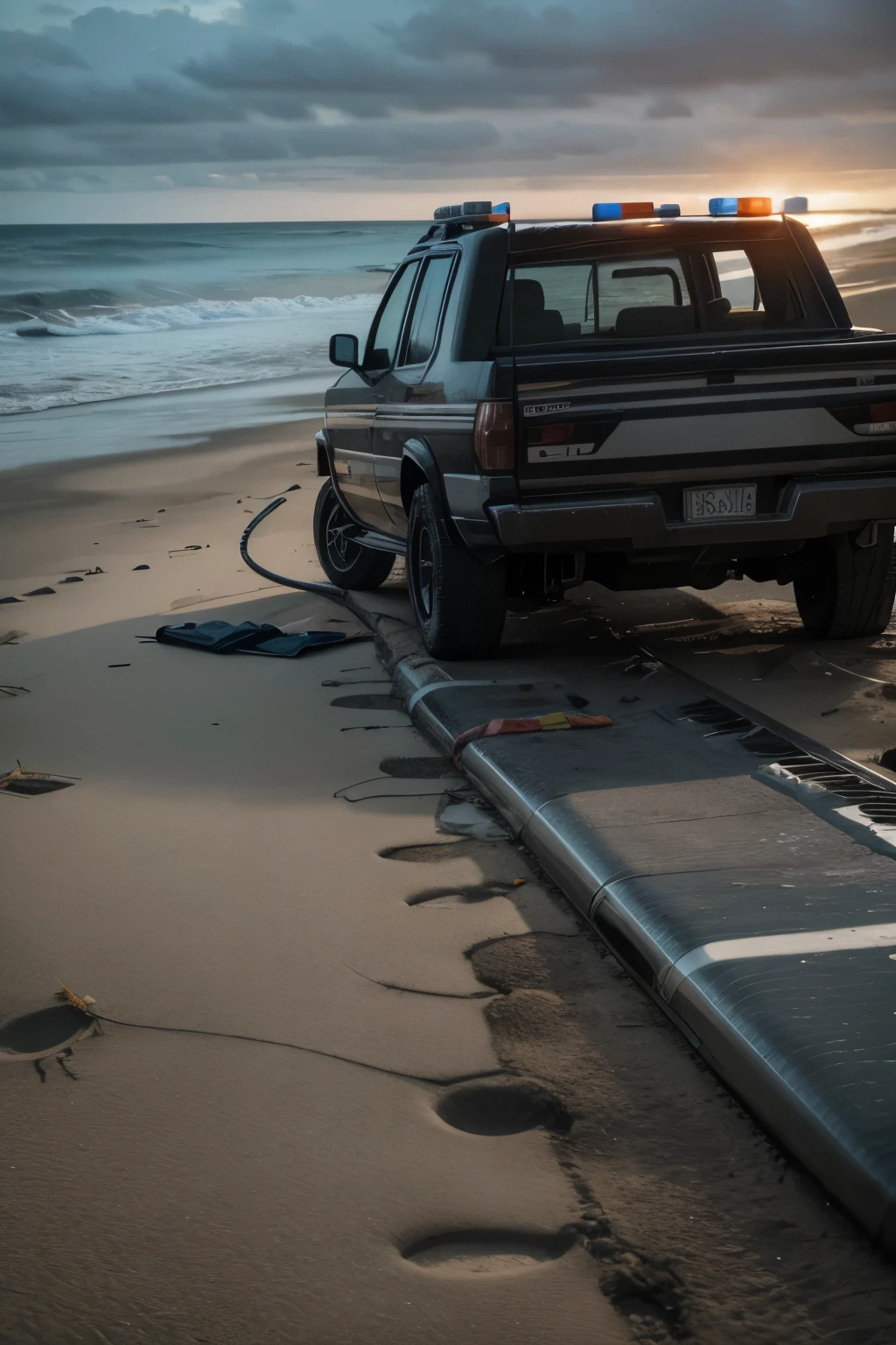 comics style criminal investigation investigating a crime scene on a secluded beach in the gloomy morning